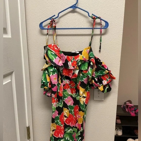 NWT Topshop Floral Bardot Mini Dress Cotton Blend Bold Ruffle Off Shoulder - Picture 4 of 7